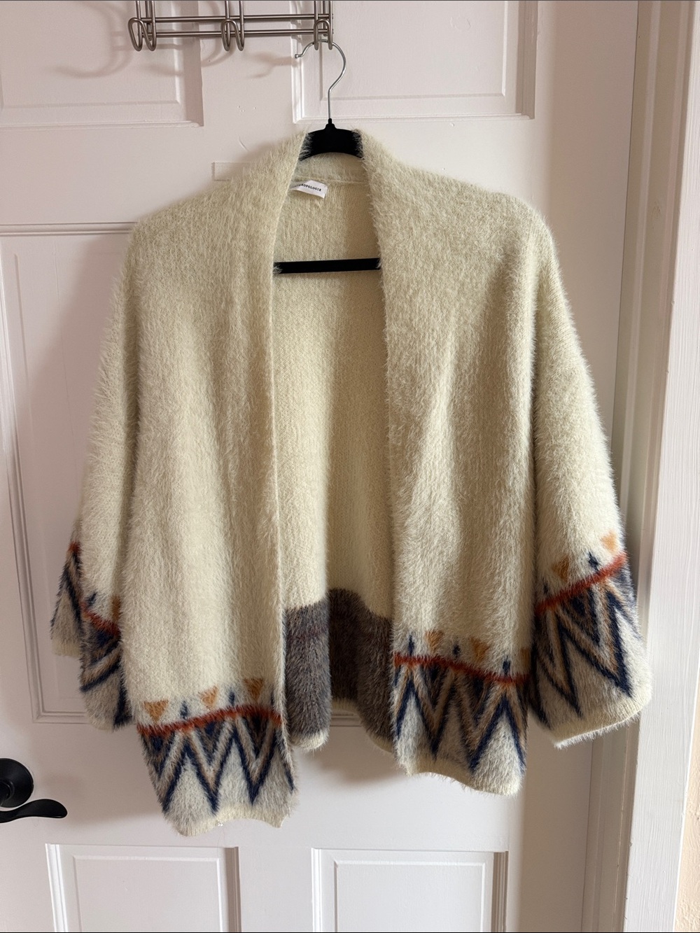 Anthropologie Cream Open-Front Fuzzy Cardigan with Navy & Rust Trim